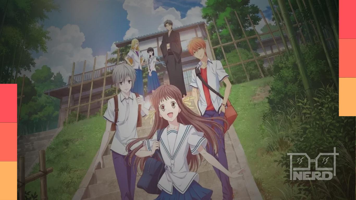 Imagem promocional de Fruits Basket com a família Sohma e a Tohru Honda, destacando os episódios finais no Globoplay