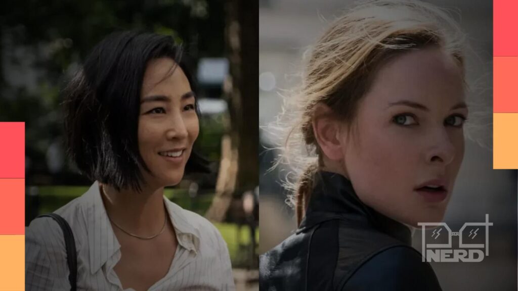Rebecca Ferguson e Greta Lee gravando cenas românticas em Londres na Horse Guards Parade