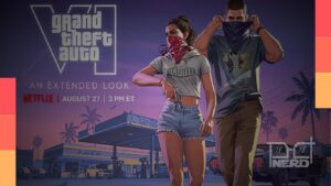 Cartaz do GTA 6 com destaque para a revelação de gameplay na Netflix e duração de 26 minutos