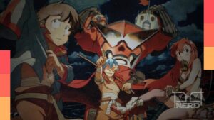 Cenário pós-apocalíptico e mecha de Gurren Lagann com elementos de subsolo e horizonte distópico