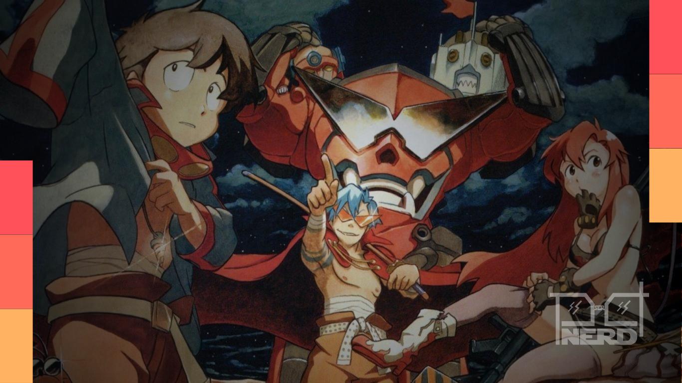 Cenário pós-apocalíptico e mecha de Gurren Lagann com elementos de subsolo e horizonte distópico