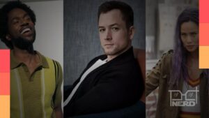 Taron Egerton e Jamie Chung em destaque com a série I Love LA e a 2ª temporada ao fundo