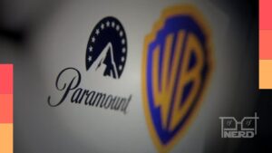 Ilustração com destaque para Paramount e Warner Bros. Discovery diante de um relógio indicando março de 2027 e taxa diária de US$ 7 milhões