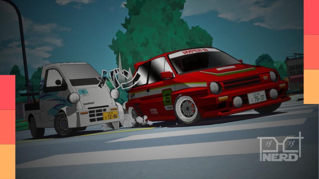 Carros em corrida em um open-world com visual anime em Kaido Genkai; referência ao interior do Japão dos anos 90