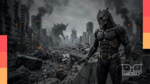 Ilustração representando batalhas com monstros gigantes e estilo de esquadrão militar, inspirada em Kaiju No. 8