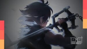 Sora de costas na primeira imagem promocional do anime de Kingdom Hearts, com a Keyblade descansando nos ombros