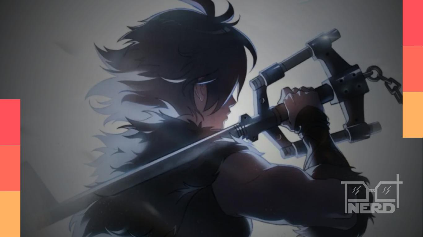 Sora de costas na primeira imagem promocional do anime de Kingdom Hearts, com a Keyblade descansando nos ombros