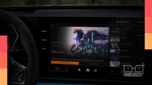 Ilustração do uso da Crunchyroll no painel de um carro BMW, destacando que o vídeo funciona apenas com o veículo estacionado