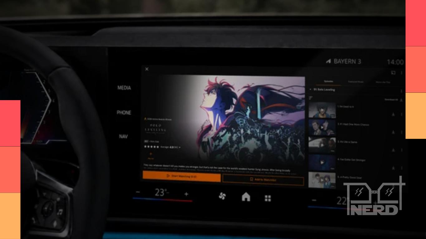 Ilustração do uso da Crunchyroll no painel de um carro BMW, destacando que o vídeo funciona apenas com o veículo estacionado