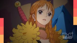Nami em One Piece comparada entre East Blue e Elbaph, com Clima-Tact e Zeus sugeridos ao fundo