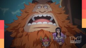 Ilustração do episódio 1172 de One Piece com Elbaph em chamas e um monstro surgindo diante de Chopper e Robin