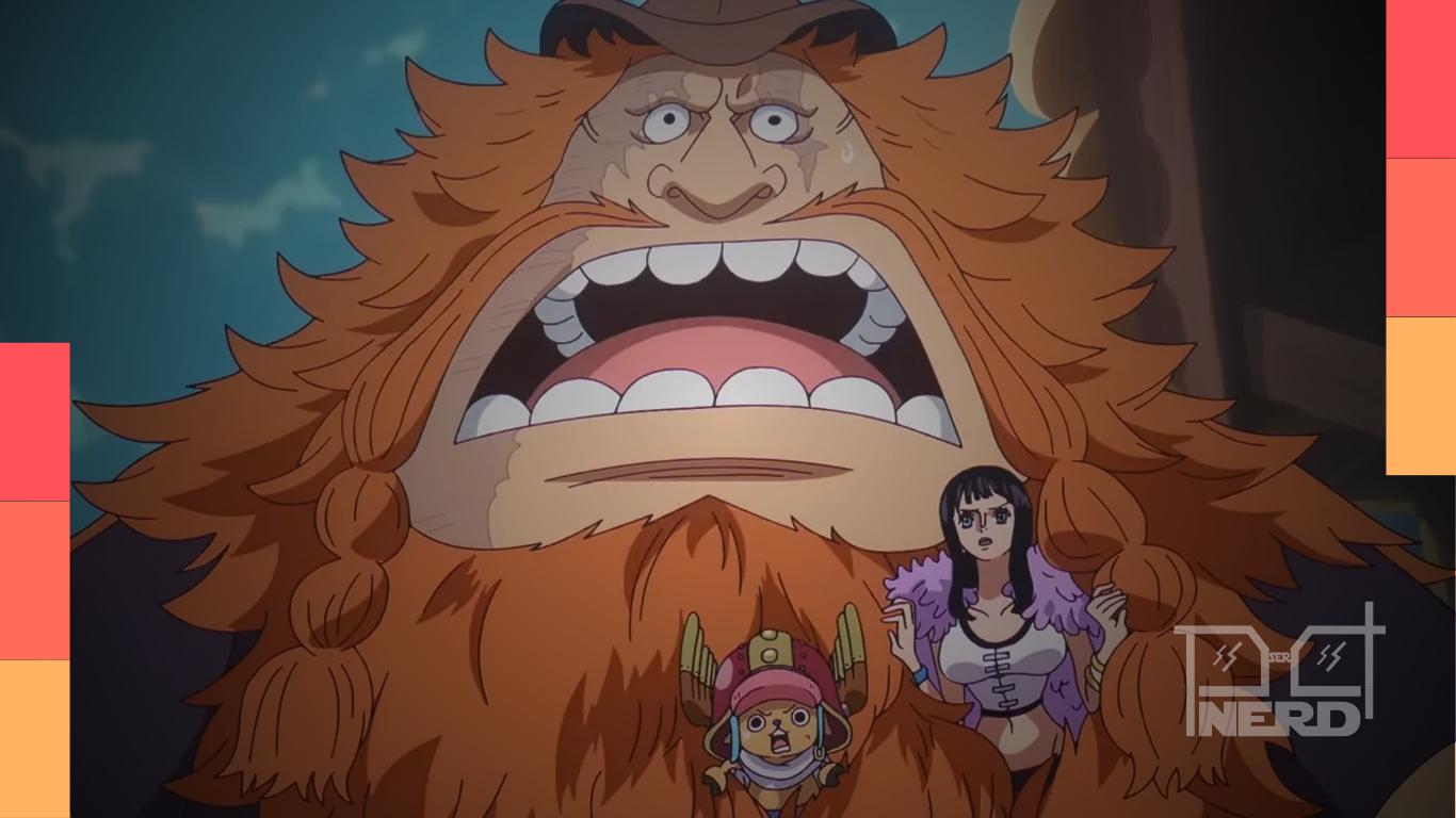 Ilustração do episódio 1172 de One Piece com Elbaph em chamas e um monstro surgindo diante de Chopper e Robin