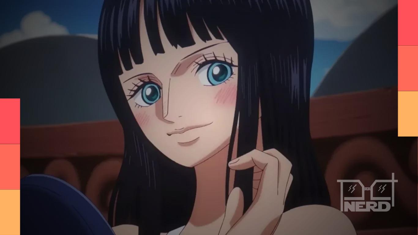 Nico Robin em Elbaph, com foco em sua expressão séria e referências a Ohara e aos Poneglyphos