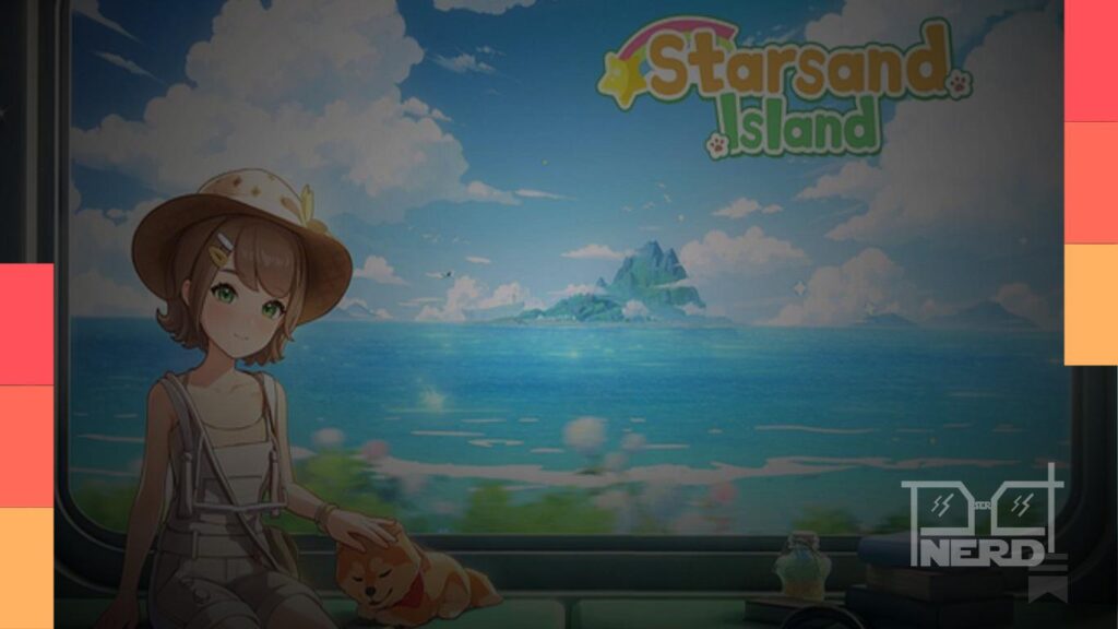 Jogador em uma ilha tropical em Starsand Island, com casa em construção e clima aconchegante estilo anime