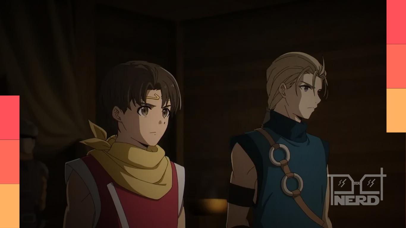 Arte promocional de Suikoden: The Anime com cinco protagonistas do RPG reunidos