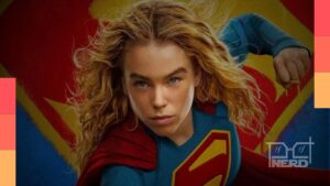 Cena promocional de Supergirl com Milly Alcock e personagens do filme do DCU