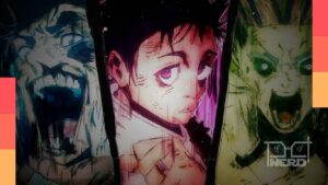 Ilustração/colagem com destaque para animes de ação recentes como Jujutsu Kaisen, Bleach: Thousand-Year Blood War e Solo Leveling