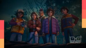 Ilustração temática de Stranger Things com estética retro anos 1980 e referência à série animada Tales from ’85