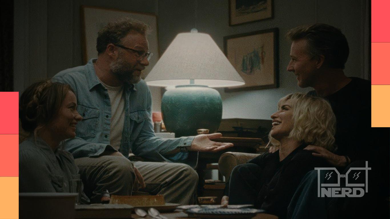 Olivia Wilde, Seth Rogen, Edward Norton e Penélope Cruz em cena de O Convite, candidato inesperado ao Oscar