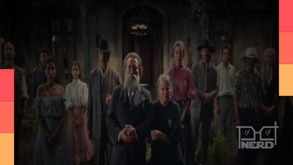 Cena promocional de Cem Anos de Solidão com destaque para o trailer do episódio 8 e data de estreia em 26 de agosto