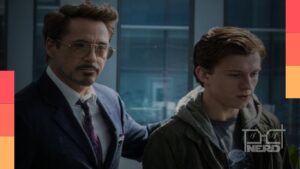 Robert Downey Jr. e Tom Holland em Homem-Aranha: De Volta ao Lar, ilustrando a ligação entre Tony Stark e Peter Parker no MCU