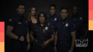 Cena do teaser de 9-1-1 com um vulcão surgindo no meio da cidade enquanto uma emergência é atendida