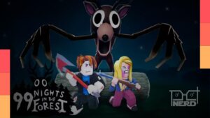 Imagem promocional de 99 Nights in the Forest, jogo do Roblox, com floresta sombria e criaturas, indicando adaptação live-action.