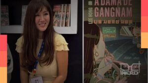 Lee Hong na Bienal do Livro de São Paulo ao lado da edição brasileira de A Dama de Gangnam
