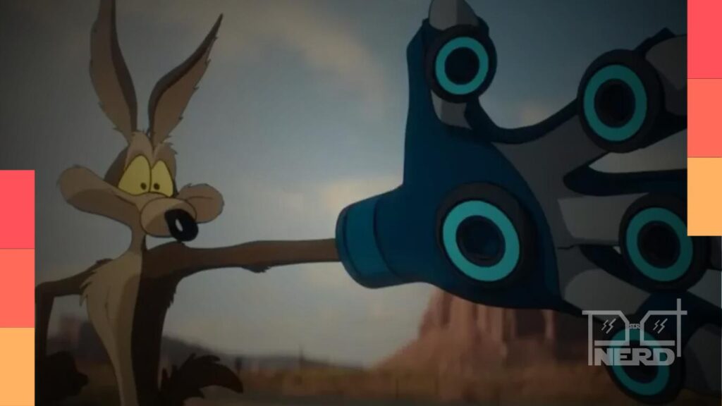 Ilustração/arte temática de Coyote vs. Acme com foco na Legion M e no fundo de cinema