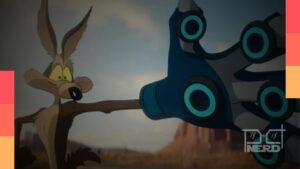 Ilustração/arte temática de Coyote vs. Acme com foco na Legion M e no fundo de cinema