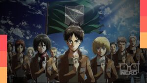 Ilustração promocional de Attack on Titan destacando os Nove Titãs em comemoração ao Dia de Attack on Titan no Japão