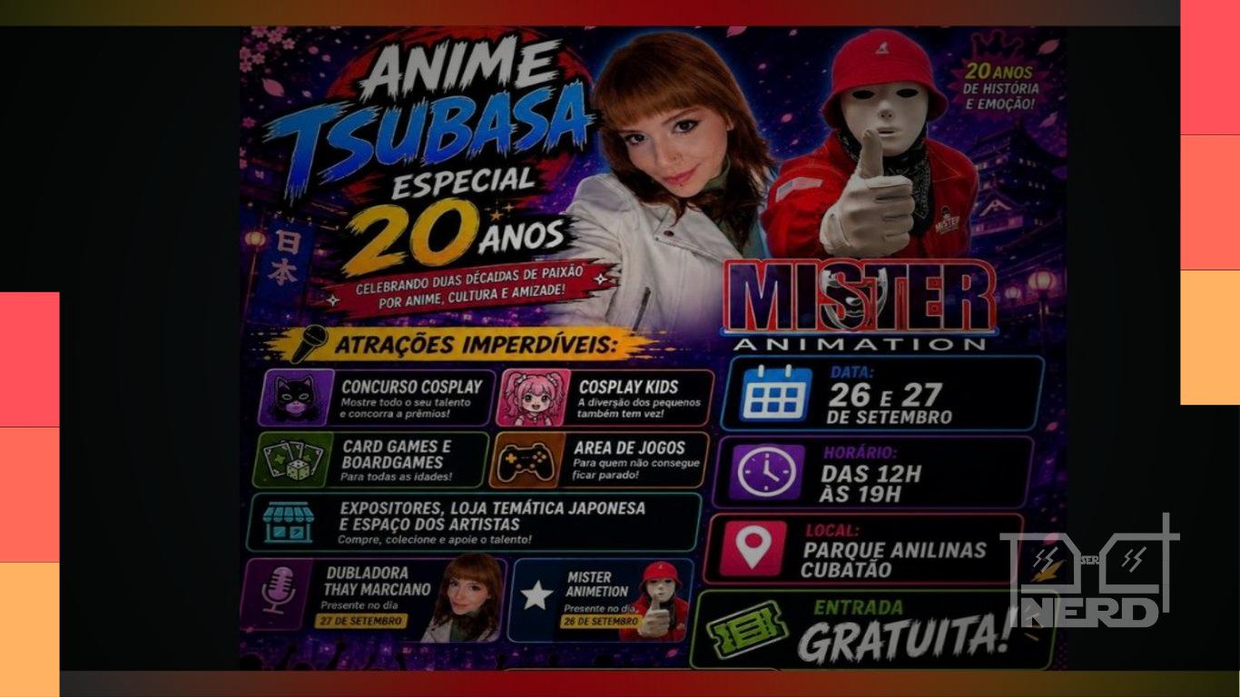 Pessoas e elementos do universo geek em evento do Festival Anime Tsubasa comemorando 20 anos em Cubatão