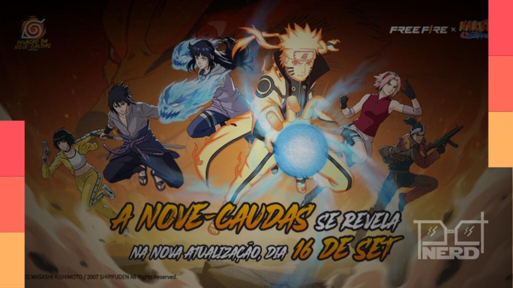 Banner do evento Free Fire x Naruto Shippuden com a Nove-Caudas e personagens inspirados no anime