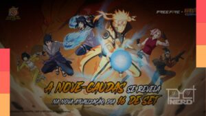Banner do evento Free Fire x Naruto Shippuden com a Nove-Caudas e personagens inspirados no anime