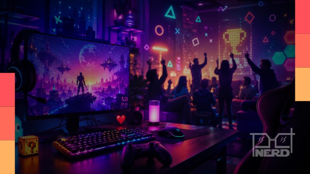Imagem conceitual mostrando um game controller e um personagem de anime com notas musicais ao fundo, representando games e anime como nova porta de entrada para músicas.