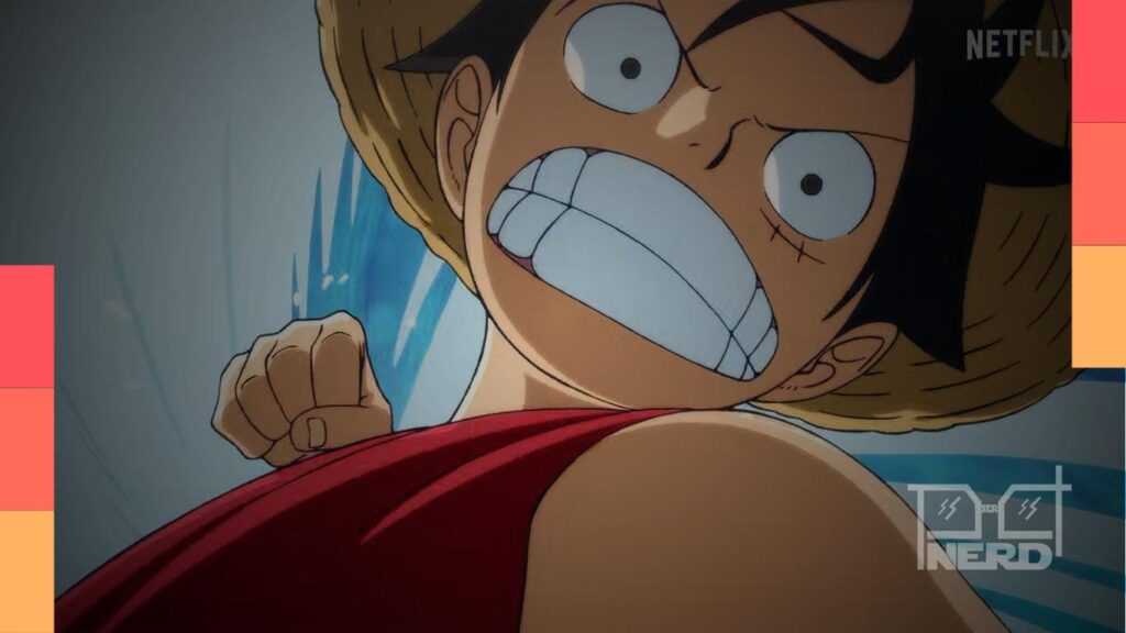 Monkey D. Luffy no Gear 5 com efeito de distorção da realidade em One Piece