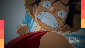Monkey D. Luffy no Gear 5 com efeito de distorção da realidade em One Piece