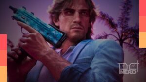 Ilustração de GTA 6 com NPCs observando um jogador com arma e sinais de chegada da polícia