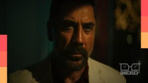 Javier Bardem em foto promocional, destaque para a notícia de sua série na HBO The Spread