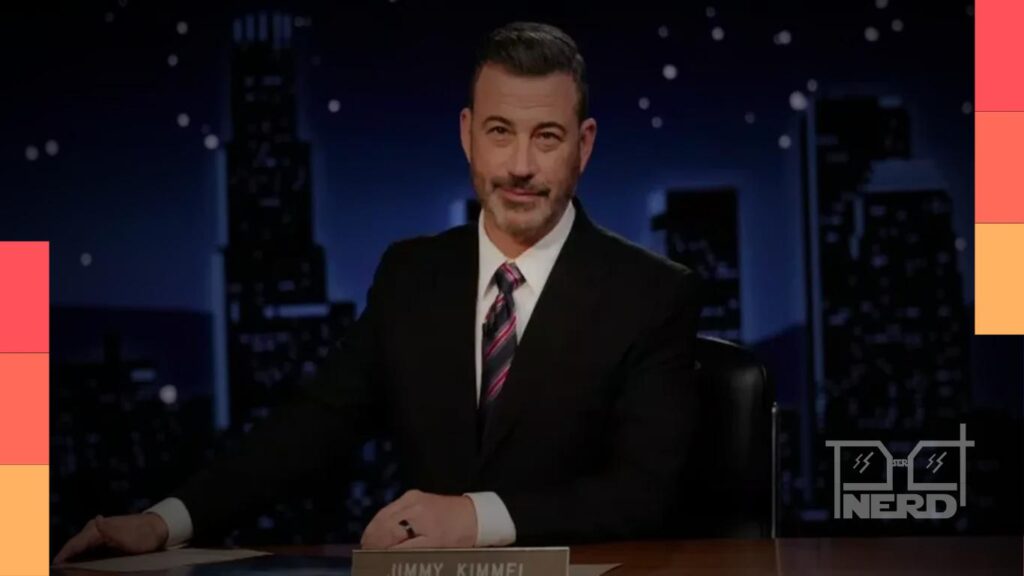Jimmy Kimmel em estúdio durante o Jimmy Kimmel Live! e notícia sobre renovação com a ABC