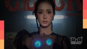 Jisoo do BLACKPINK no videoclipe do single solo “Click”, com estética futurista no cenário do parque abandonado