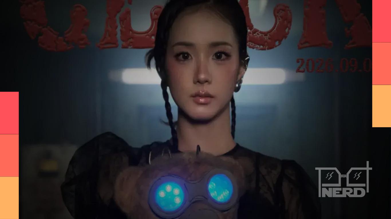Jisoo do BLACKPINK no videoclipe do single solo “Click”, com estética futurista no cenário do parque abandonado
