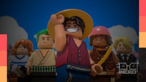 Personagens de LEGO One Piece, incluindo Luffy, Zoro, Nami, Usopp e Sanji, em cena do especial anunciado pela Netflix.