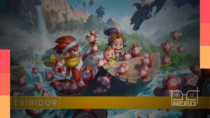 Ilustração conceitual de Monkey Quest com personagens despertando Okon e logos de Lionsgate e Toei Animation