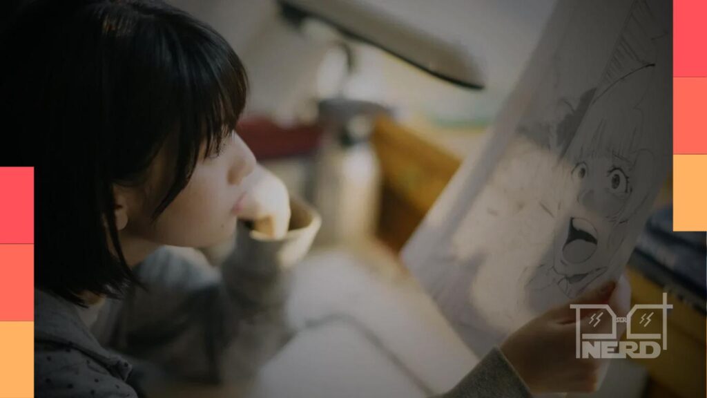 Cena do filme em live-action de Look Back com Fujino em destaque, durante a estreia nos cinemas japoneses