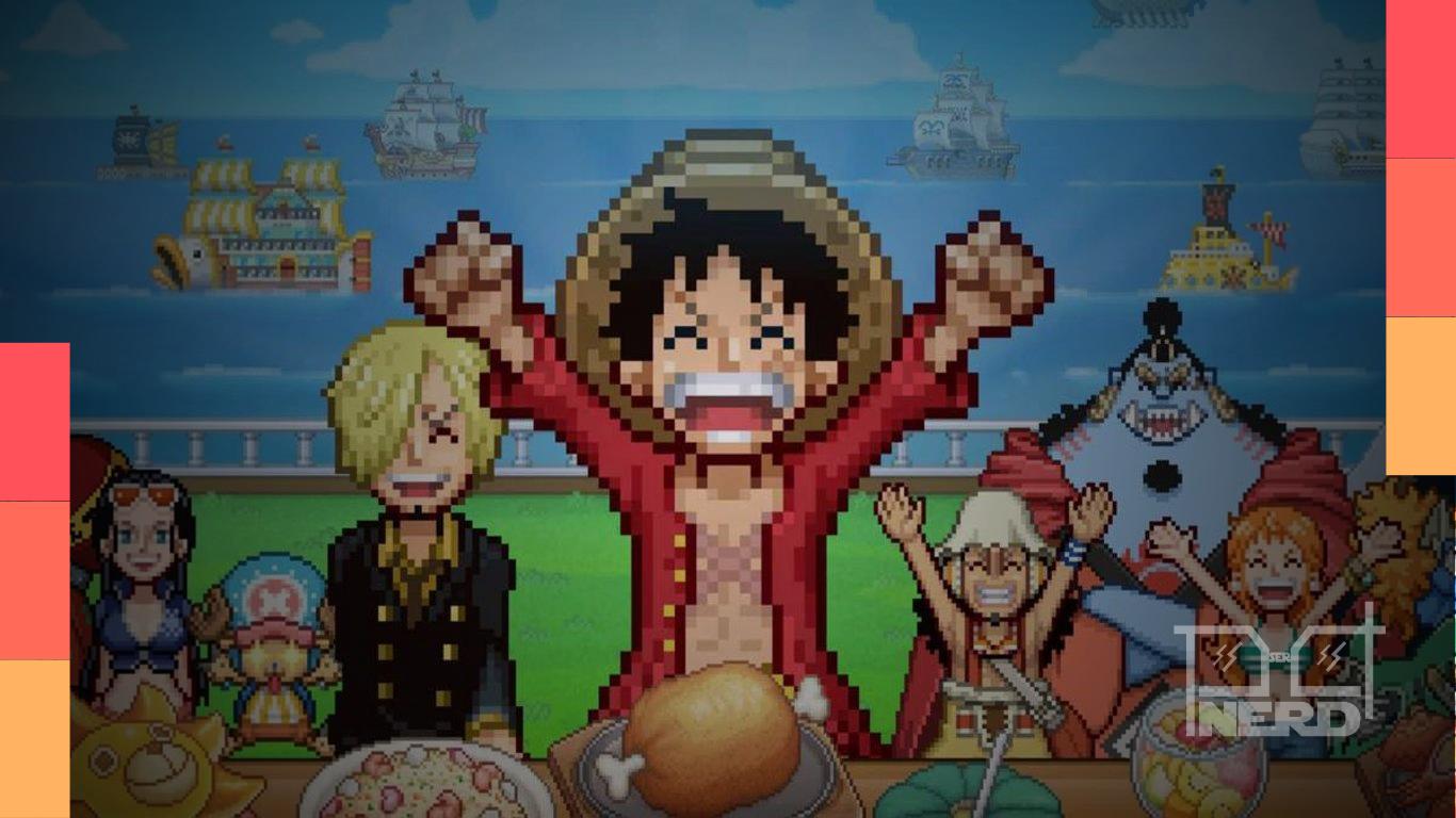 Ilustração do jogo One Piece: Grand Gourmet com o Baratie Número Dois e elementos de gerenciamento de restaurante