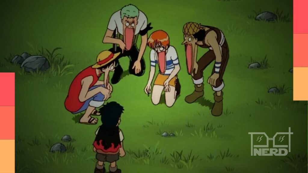 Luffy, Nami, Usopp e Zoro em uma aventura do início de One Piece