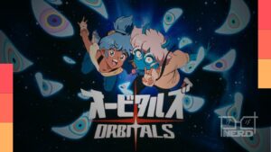 Jogo Orbitals na Nintendo Switch 2 com dois personagens em uma estação espacial estilo anime anos 80
