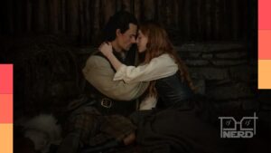Mulher e cenário histórico em Outlander: Blood of My Blood, com referência à estreia do 1º episódio da 2ª temporada no Disney+