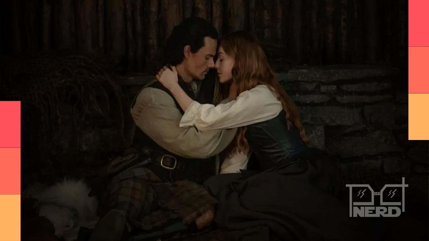 Mulher e cenário histórico em Outlander: Blood of My Blood, com referência à estreia do 1º episódio da 2ª temporada no Disney+